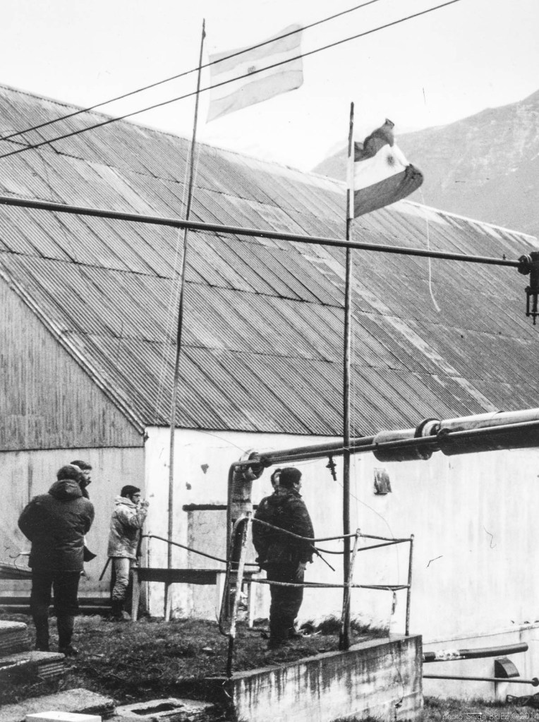 Argentina's flag-raising in falklands, official day of Falklands occupation by Argentina, March 25, 1982, Leith harbour photographed by Serge Briez, ©2014 Cap médiations