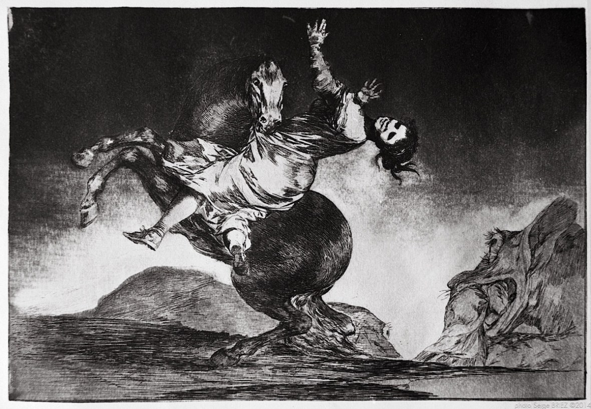 Print from the series "Los Disparates" (1864) by Francisco Goya. Plate 10 : "El caballo raptor" photographed by Serge Briez ©2014 Cap médiations
