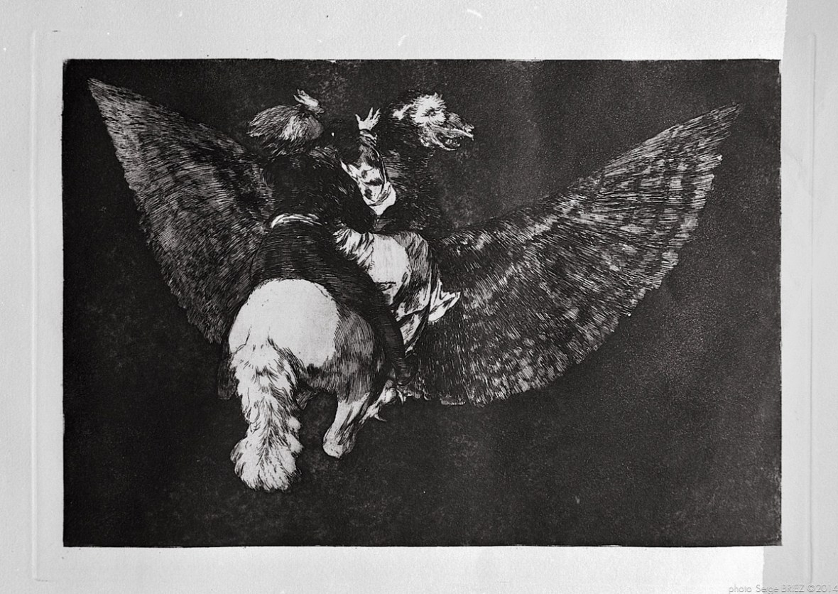 Print from the series "Los Disparates" (1864) by Francisco Goya. Plate 05 : "Disparate volante" photographed by Serge Briez ©2014 Cap médiations